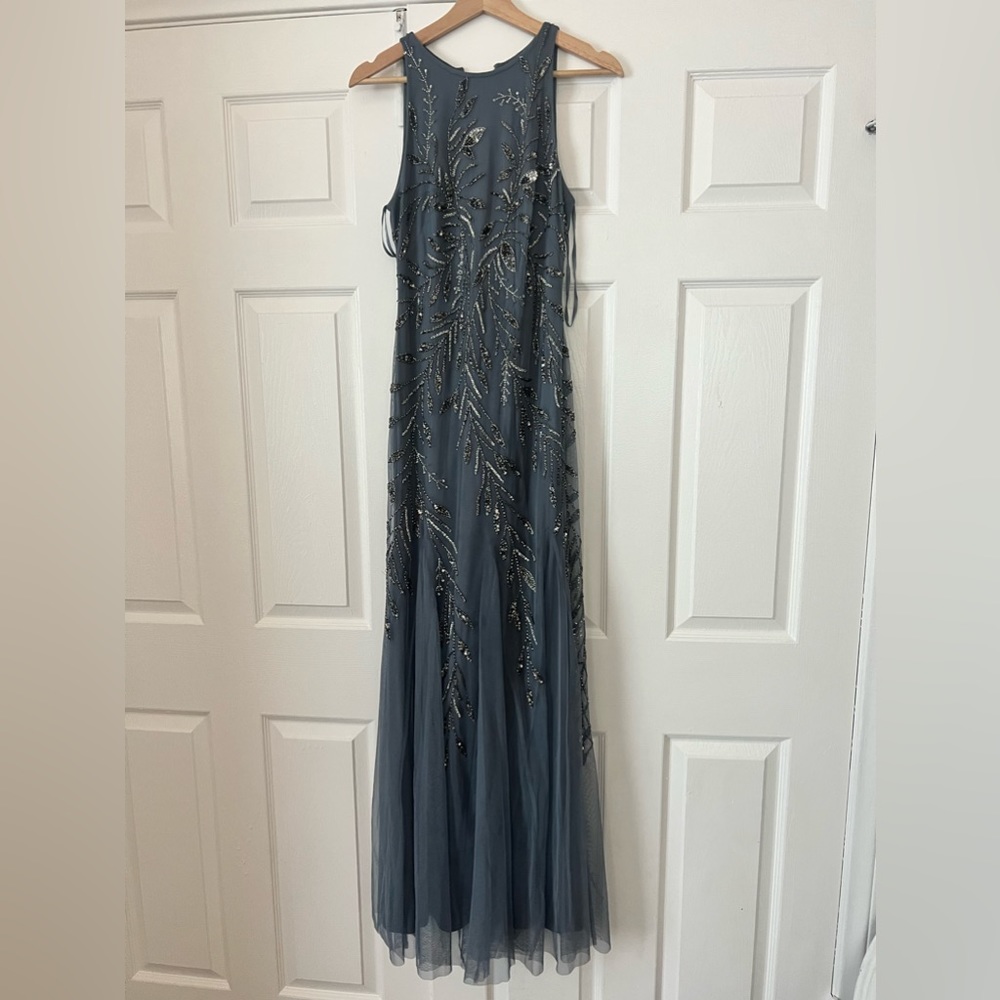 Adrianna Papell prom wedding guest dress dusty blue beading